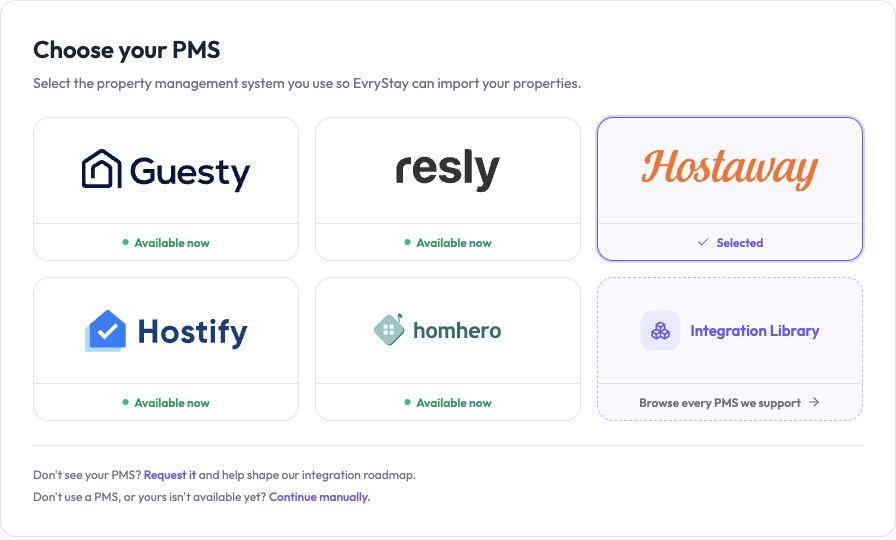 Choose your PMS screen with the Hostaway card selected