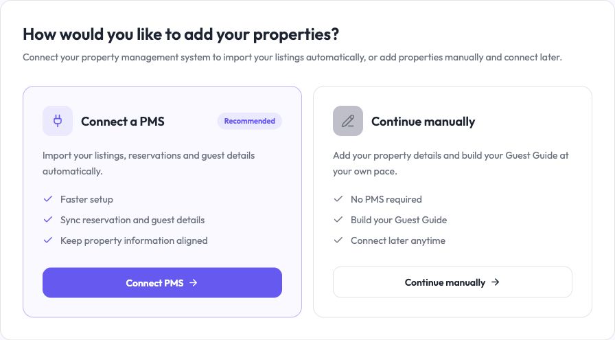 EvryStay setup with Connect a PMS and Continue manually choices
