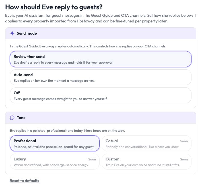 Eve setup with Review then send selected, plus Auto-send and Off modes