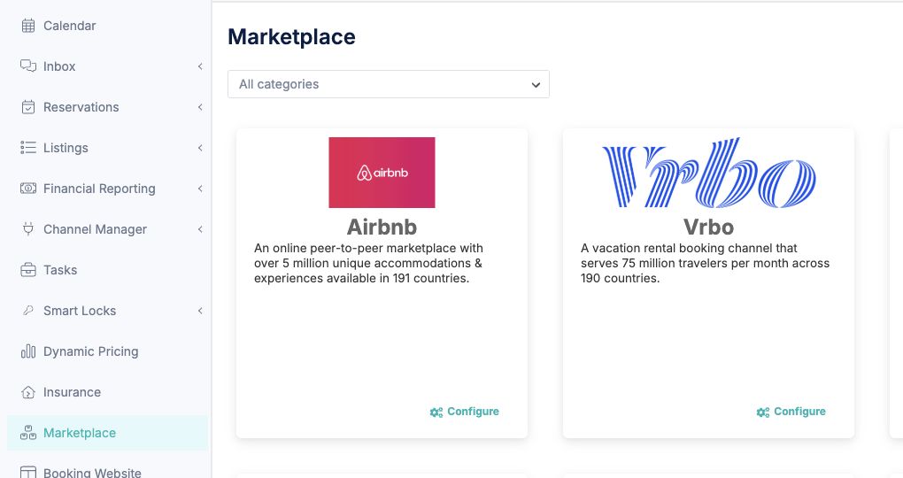 Hostaway dashboard with Marketplace selected in the left-hand navigation
